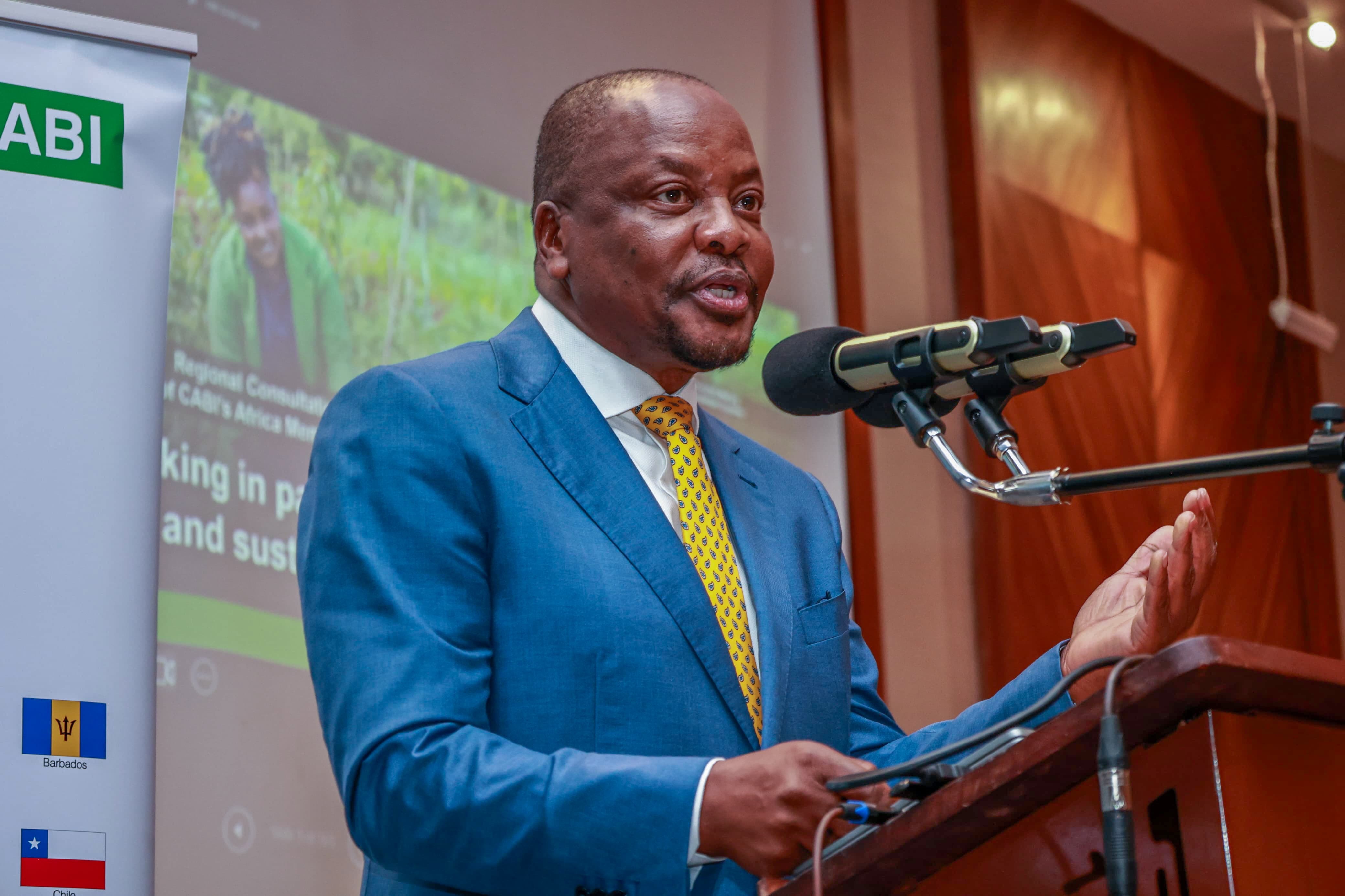 Agriculture and Livestock Development Cabinet Secretary, Mutahi Kagwe, speaking during the  opening of the 2025 Centre for Agriculture and Biosciences International (CABI) Africa Regional  Consultation. 