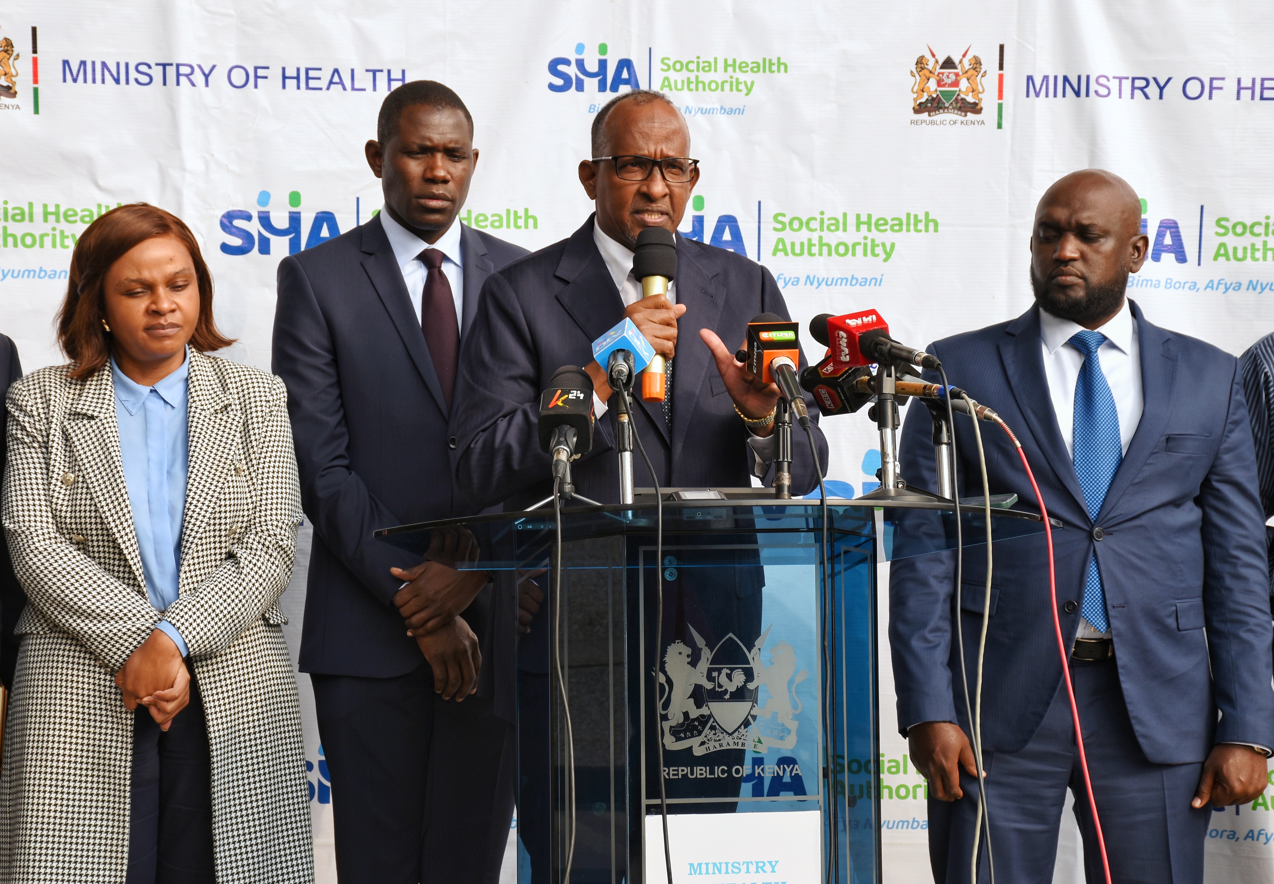 Health CS Aden Duale while briefing the press on the Social Health Authority (SHA)Milestones and Nursing Internship issue. Photo/Daniel Kamau.
