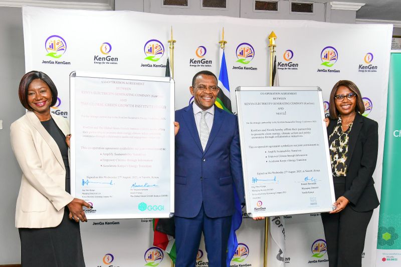From left to right: Ms. Nagnouma Koné, Manager for Africa Strategy and Partnerships and Head of the Kenya Office at GGGI, Eng. Peter Njenga, KenGen Managing Director & CEO; and Ms. Frida Agembe, Chief Financial Officer, pose for a photo following the signing of a partnership agreement for the upcoming sustainable energy conference.