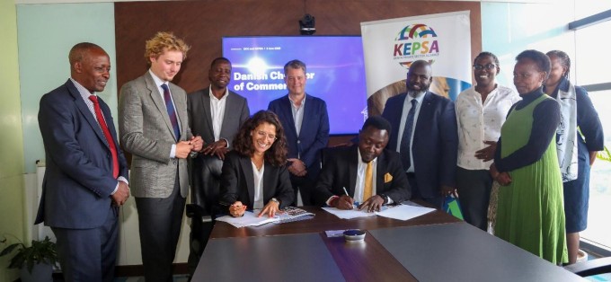 Sarah Jordan Torp (seated left) from the Danish Chamber of Commerce and Dr Jackson Koimburi, Head of KEPSA Consult and Senior Circular Economy and Climate Change Coordinator (seated right), signing a partnership agreement on behalf of the Danish Chamber of Commerce (DCC) and the Kenya Private Sector Alliance (KEPSA)
