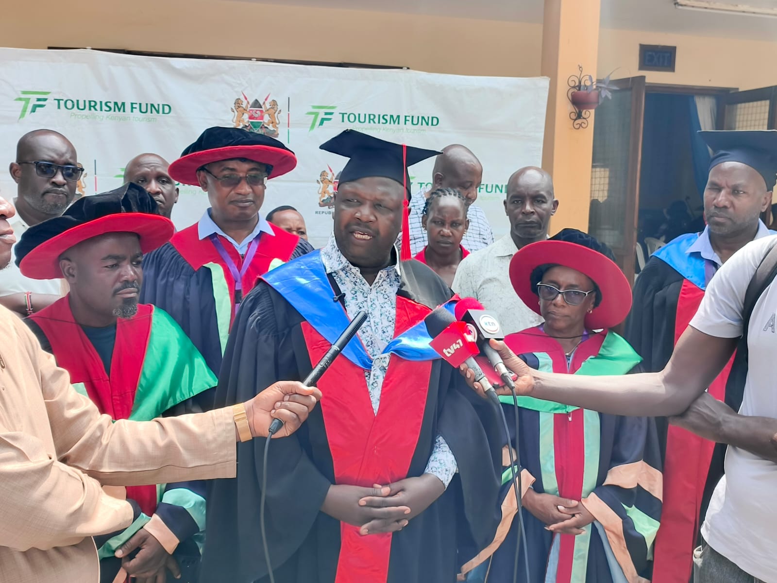 Tourism Fund Director Sylas Tochim addresses journalists after the Recognition of Prior Learning graduation ceremony at Kenya Coast National Polytechnic in Mombasa.