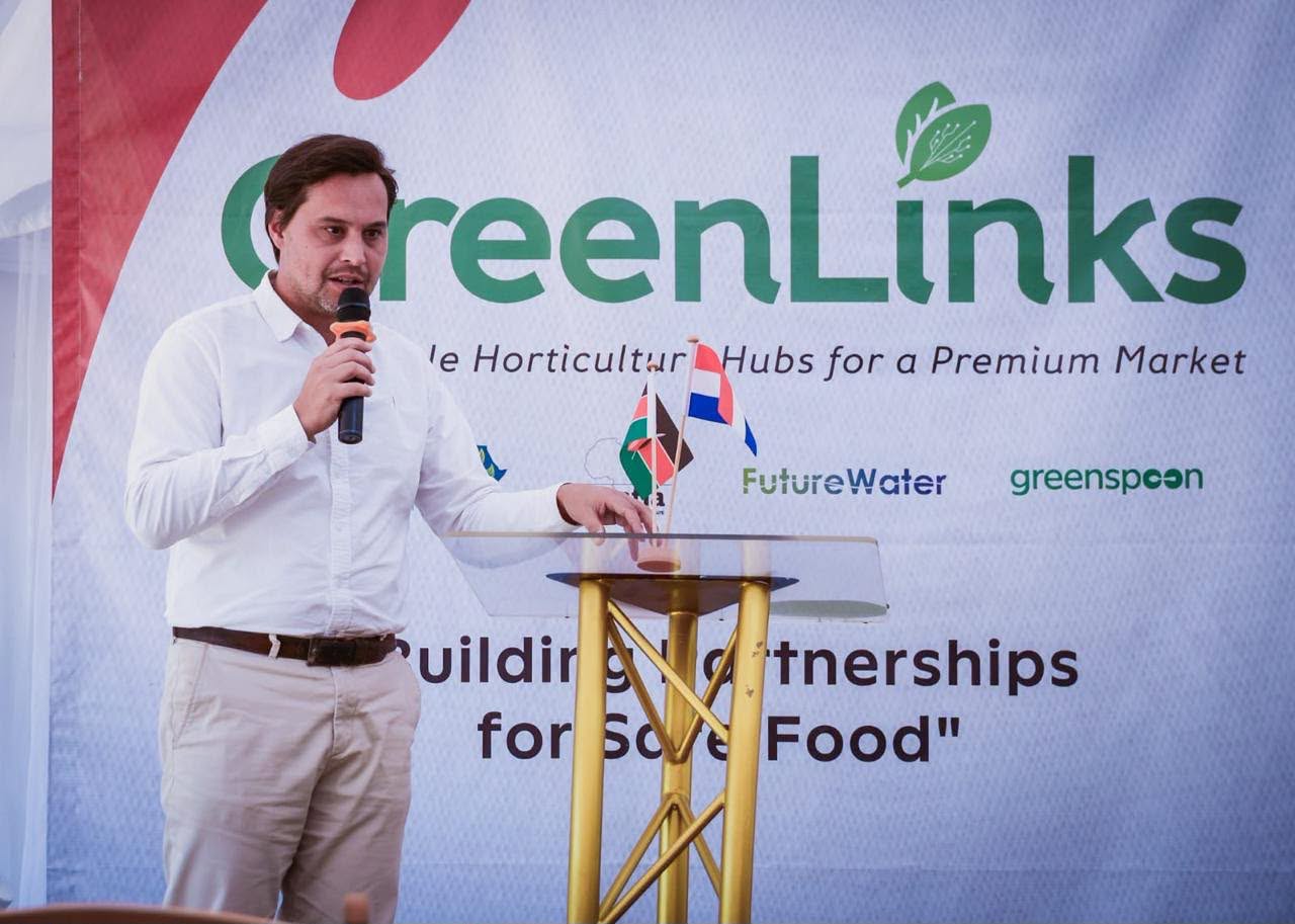 The Agricultural Counsellor at the Embassy of the Kingdom of the Netherlands in Kenya, Bart Pauwels, making his remarks during the launch of the Greenlinks project in Isinya Kajiado County.
