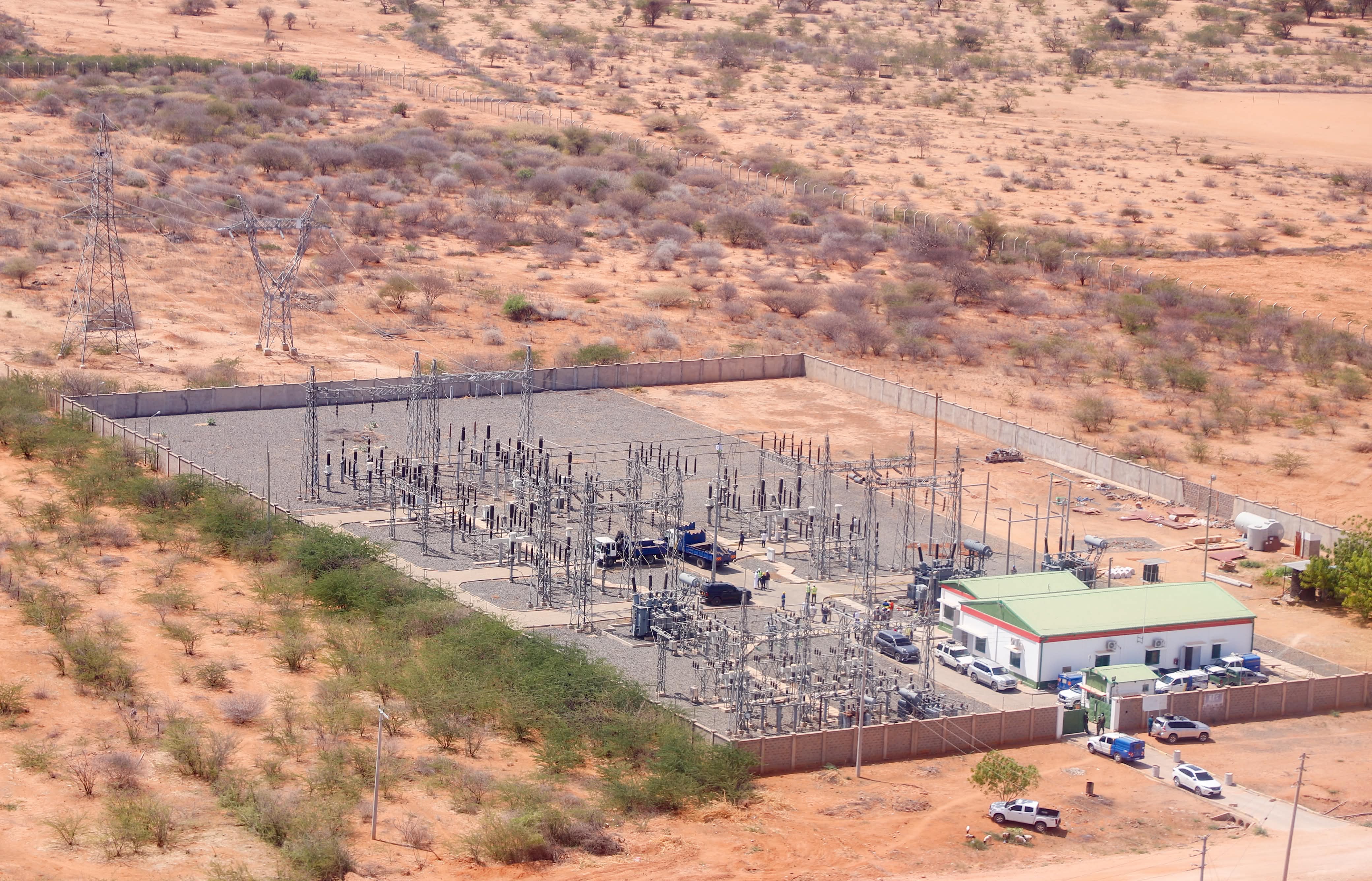 An aerial view of the newly upgraded Garissa Kenya Power substation. The station now can serve up to a maximum of 38 MVA, up from the previous 15 MVA.