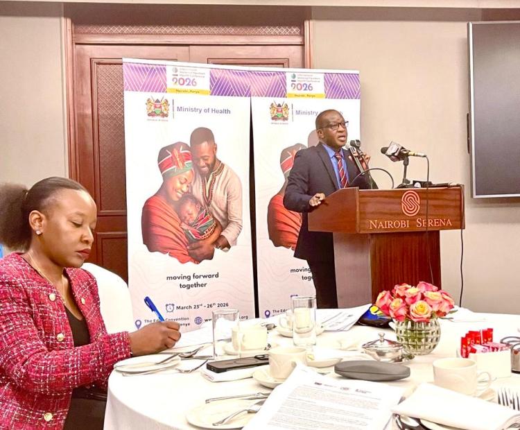 Dr Edward Serem, Head of RMNCAH, addresses the media during a briefing on IMNHC 2026 in Nairobi.