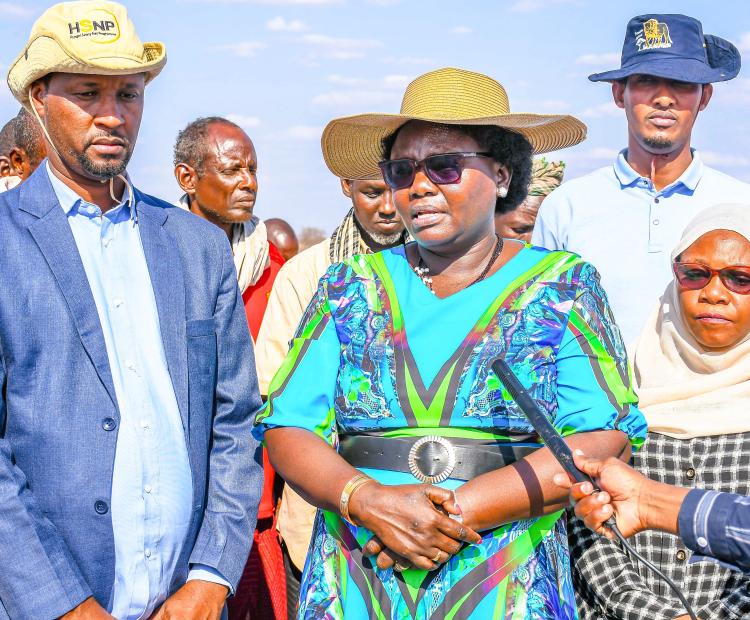 Cabinet Secretary for East African Community, Arid and Semi-Arid Lands, and Regional Development Beatrice Askul Moe speaking in Bura sub county during the commissioning of two water projects in the area.