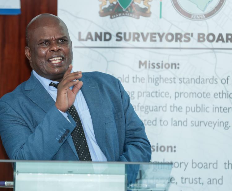  Director of Surveys Weldon Maritim speaking during the consultative meeting with the University representatives at the Kenya School of Monetary Studies