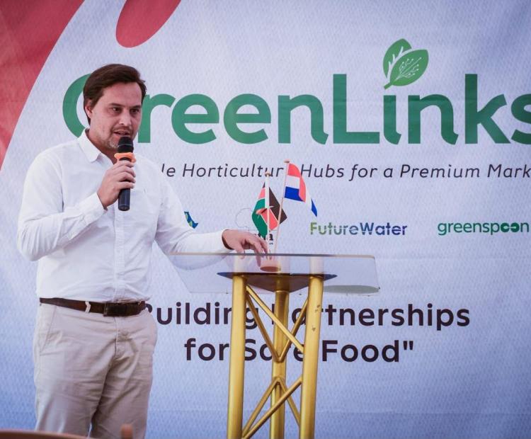 The Agricultural Counsellor at the Embassy of the Kingdom of the Netherlands in Kenya, Bart Pauwels, making his remarks during the launch of the Greenlinks project in Isinya Kajiado County.