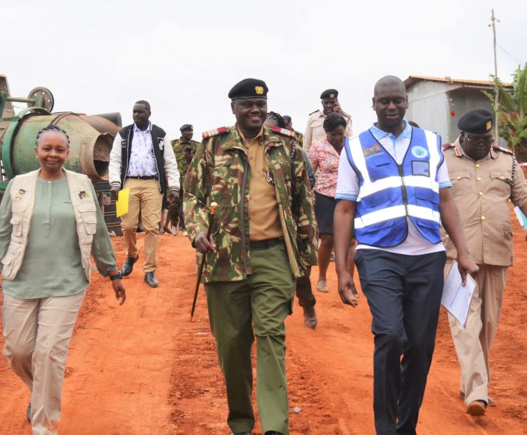 Machakos County Commissioner, Jackson Ole Chuta (centre), Engineer David Otieno from TANATHI (right) and GDU Loice Shuma (left) and members of the County Implementation Coordination Management Committee 