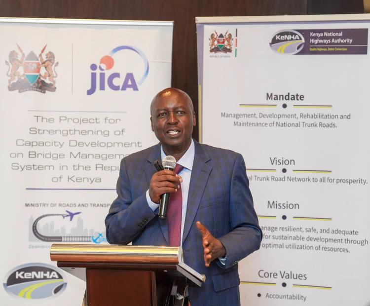Principal Secretary for Roads Eng. Joseph Mbugua speaking in Nairobi during the launch of the Bridge Management System (BMS) Manuals