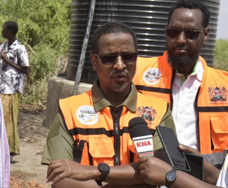 NDMA Chief Executive Officer Hared Adan addresses the media after commissioning the rehabilitated Arera borehole in Shanta Abaq Sub-County, Garissa County.